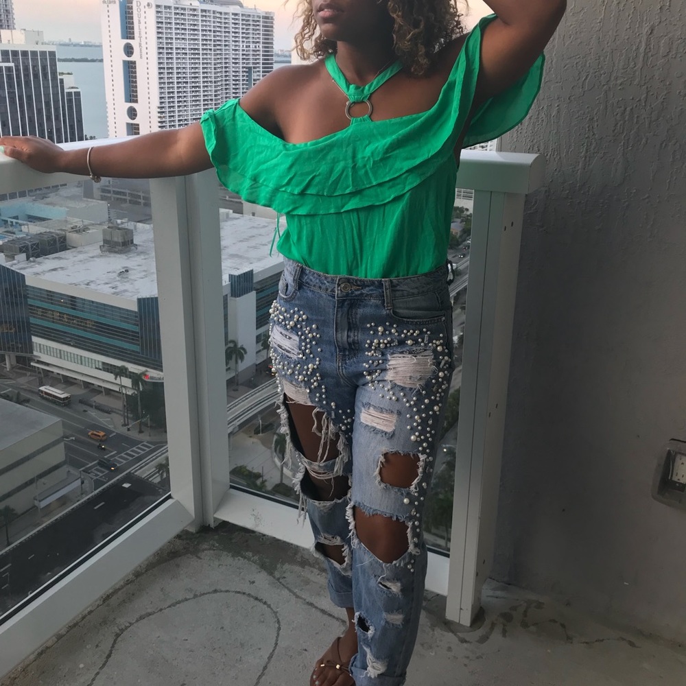 Green off-shoulder bodysuit